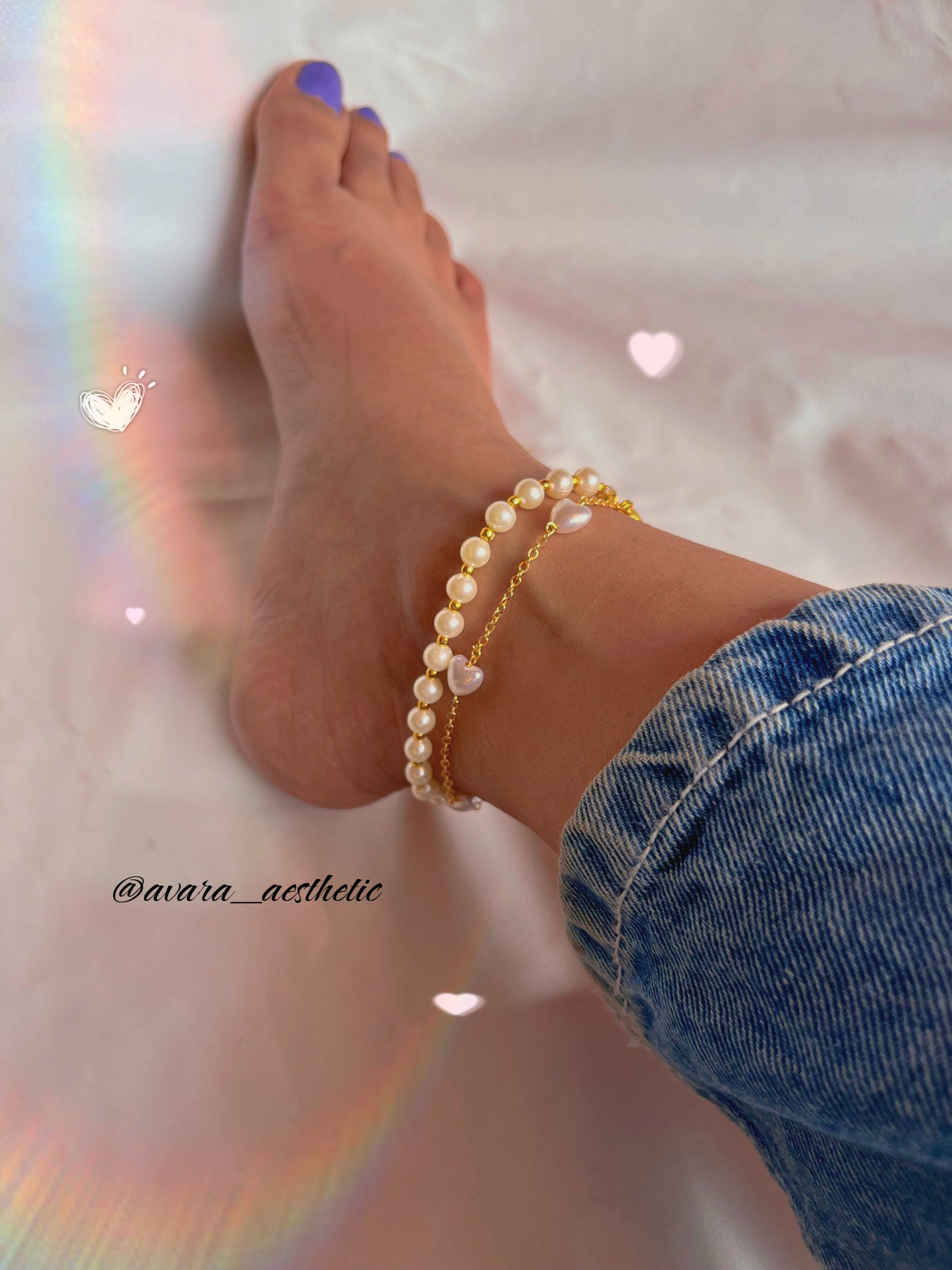 Minimal heart pearl anklet ✨♥️(consist of two anklets as shown one golden beaded anklet with heart chain anklet)freesize