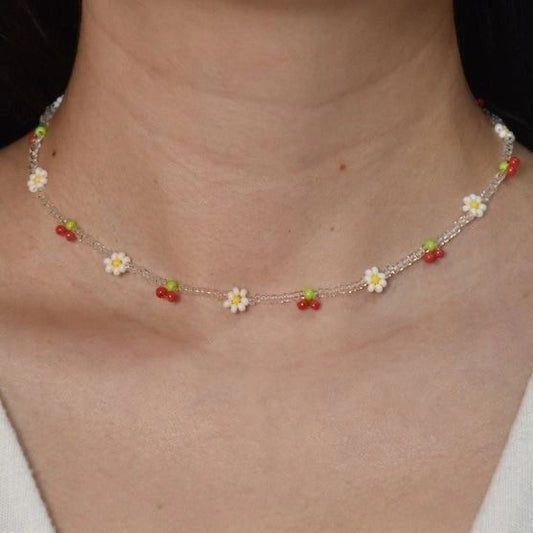 Cherry with daisies necklace 🍒🌼