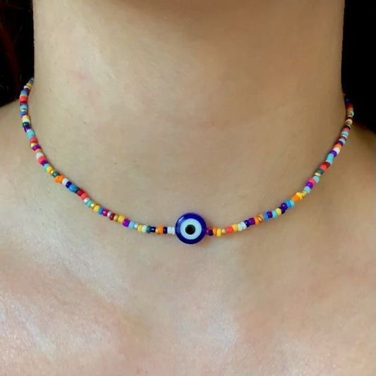 Evil eyes multicolored beaded necklace